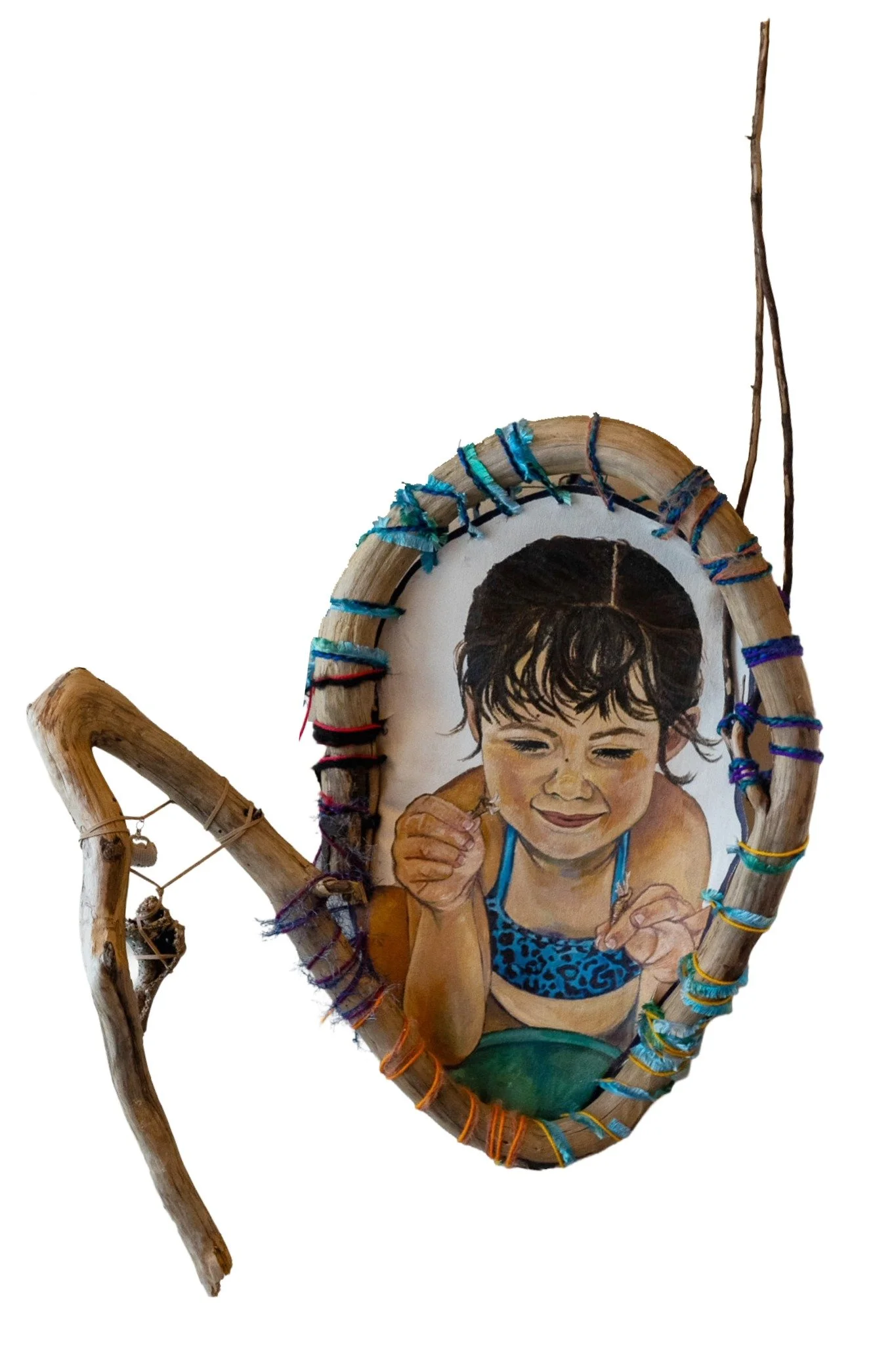 My Sweet Summers (That Shaped Me), Acrylic Paint, Gentleness, Raw Canvas, Gesso, Tenderness, Sea Shells, Air-Dry Foam, Childhood Curiosity, Yarn, Summer Memories, Driftwood Tree Root, 28" x 48", 2024