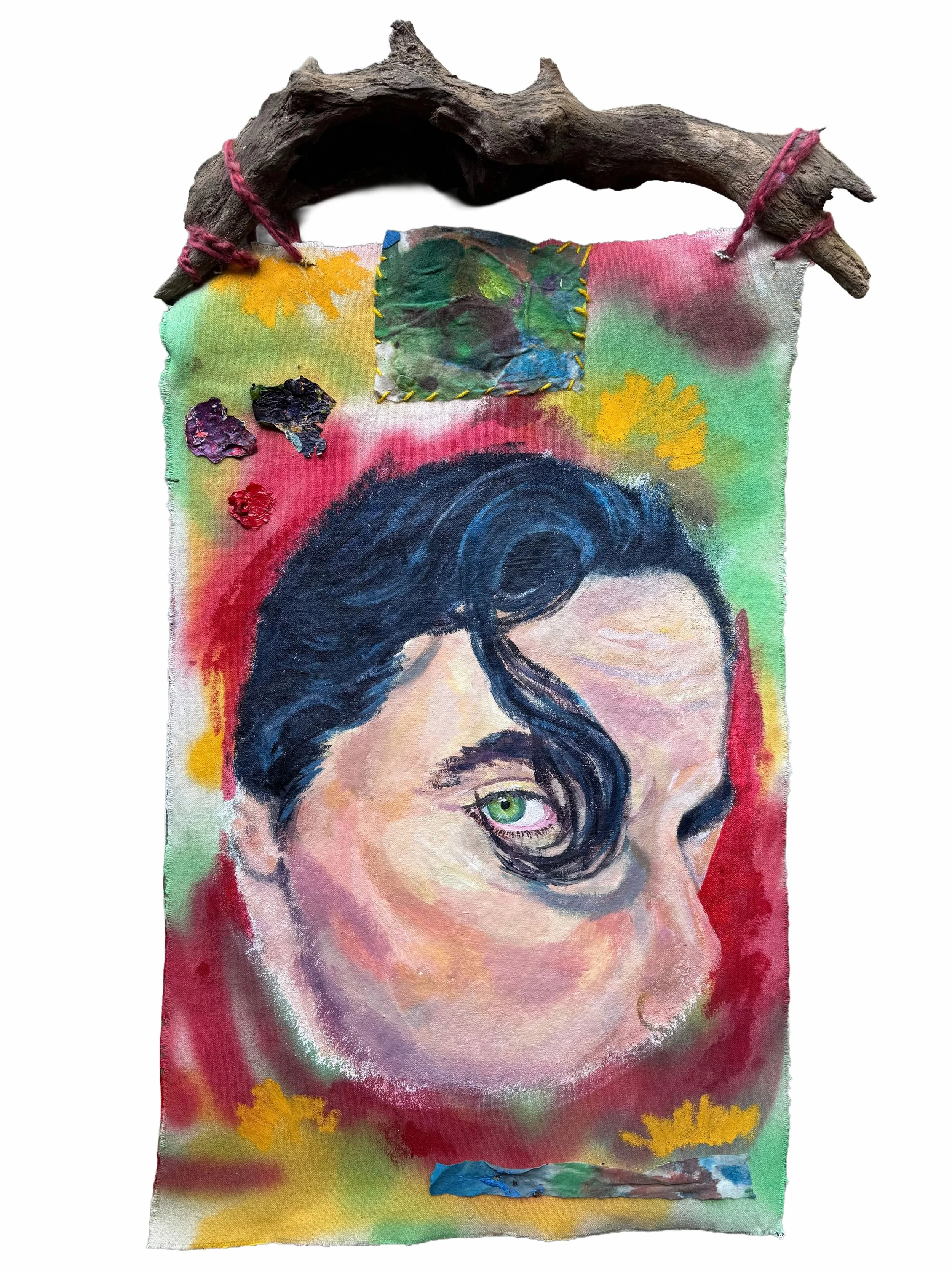 "Lover's Eye", Acrylic Paint, Spray Paint, Oil Pastel, Paint Peel Skins, Yarn, Painted Makeup Removal Wipes on Bark, 2026