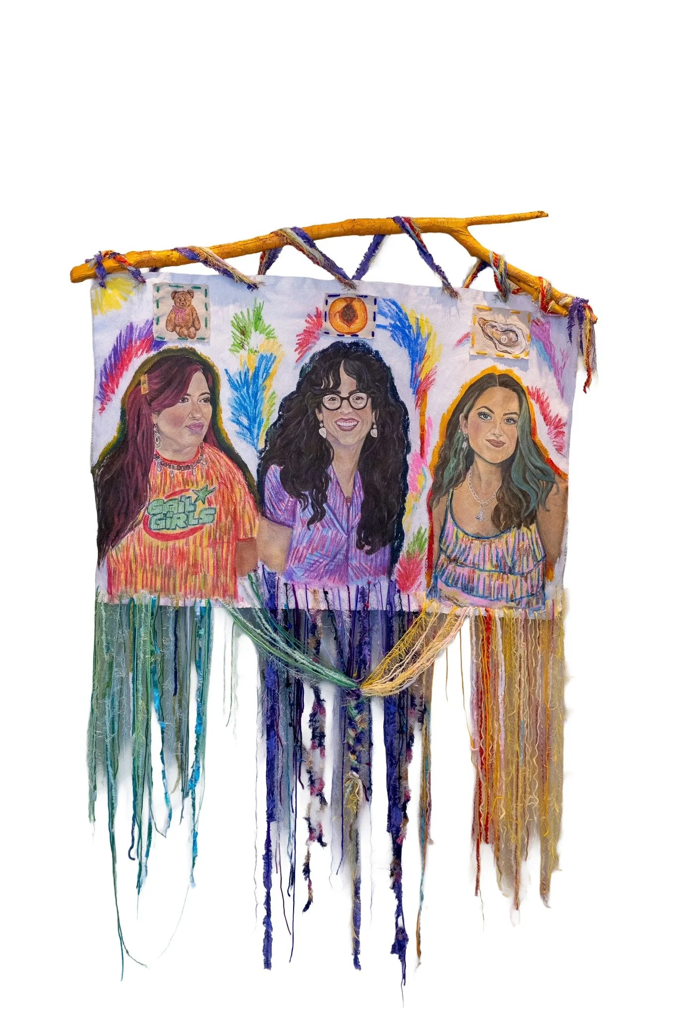 "Three Strands of Cord Are Not Easily Broken"
Oil Paint, Acrylic Paint, Gesso, Yarn, Bark, Chalk Pastel on Raw Canvas