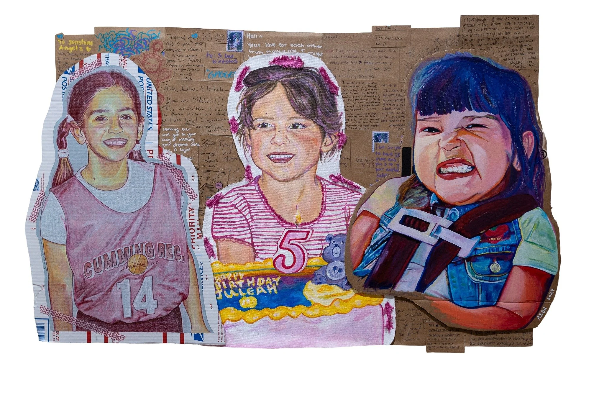 "If We Were Girls Together", Hand Written Post Cards, Colored Pencil on Paper, Acrylic Paint, Cardboard, Twine, Raw Canvas, 22" x 32", 2025, Juleah Everglade, Aida Alarcón, Isabella Martino (Collaboration)