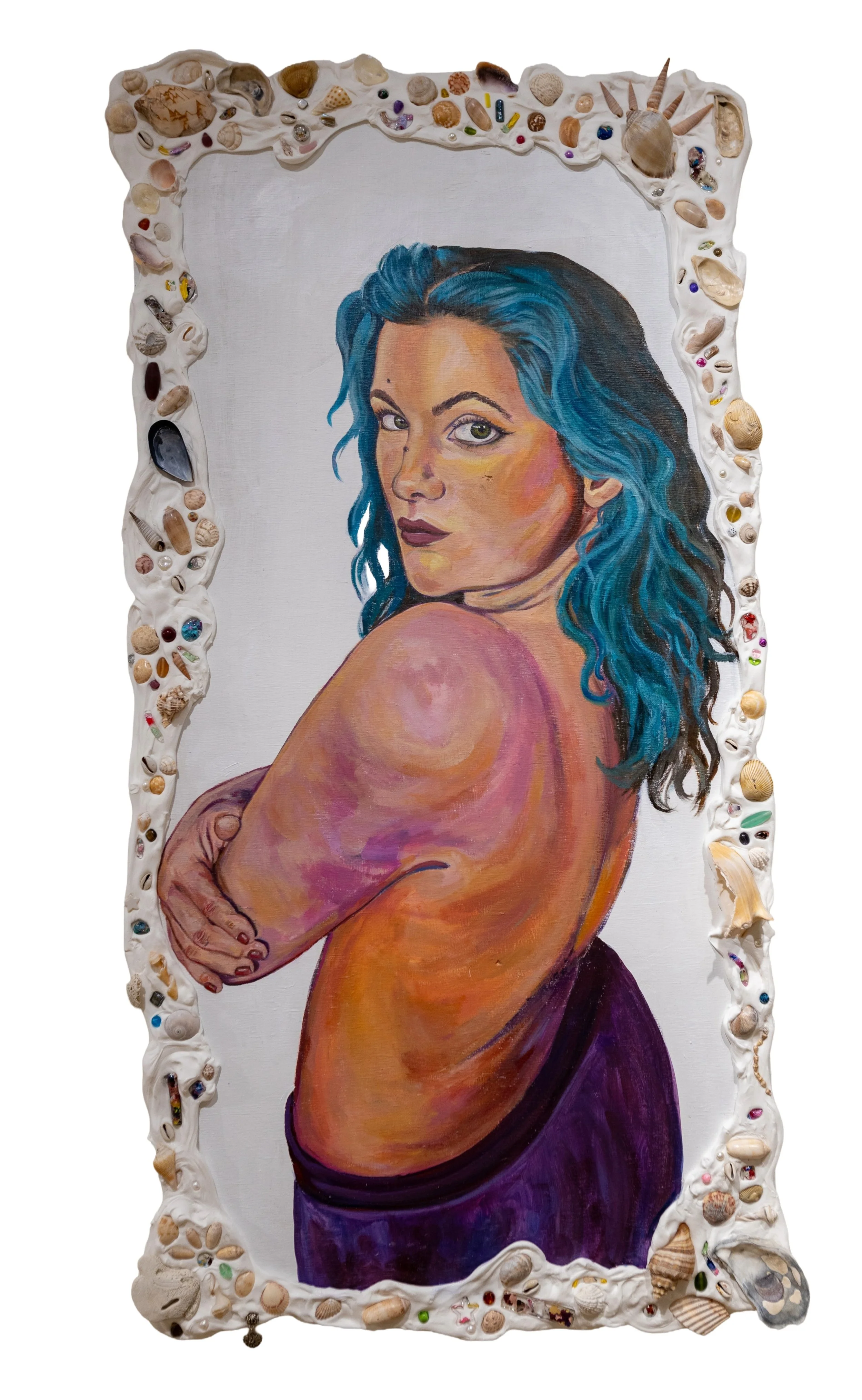 I Think It's Time for Me to Feel Safe, Acrylic Paint, Sea Shells, Air-Dry Foam, Dried Acrylic Paint Peels, Acrylic Paint Encased in Resin Charms, Jewelry Fastening, Beads, Pearls, on  Pine Wood, 26" x 50", 2024