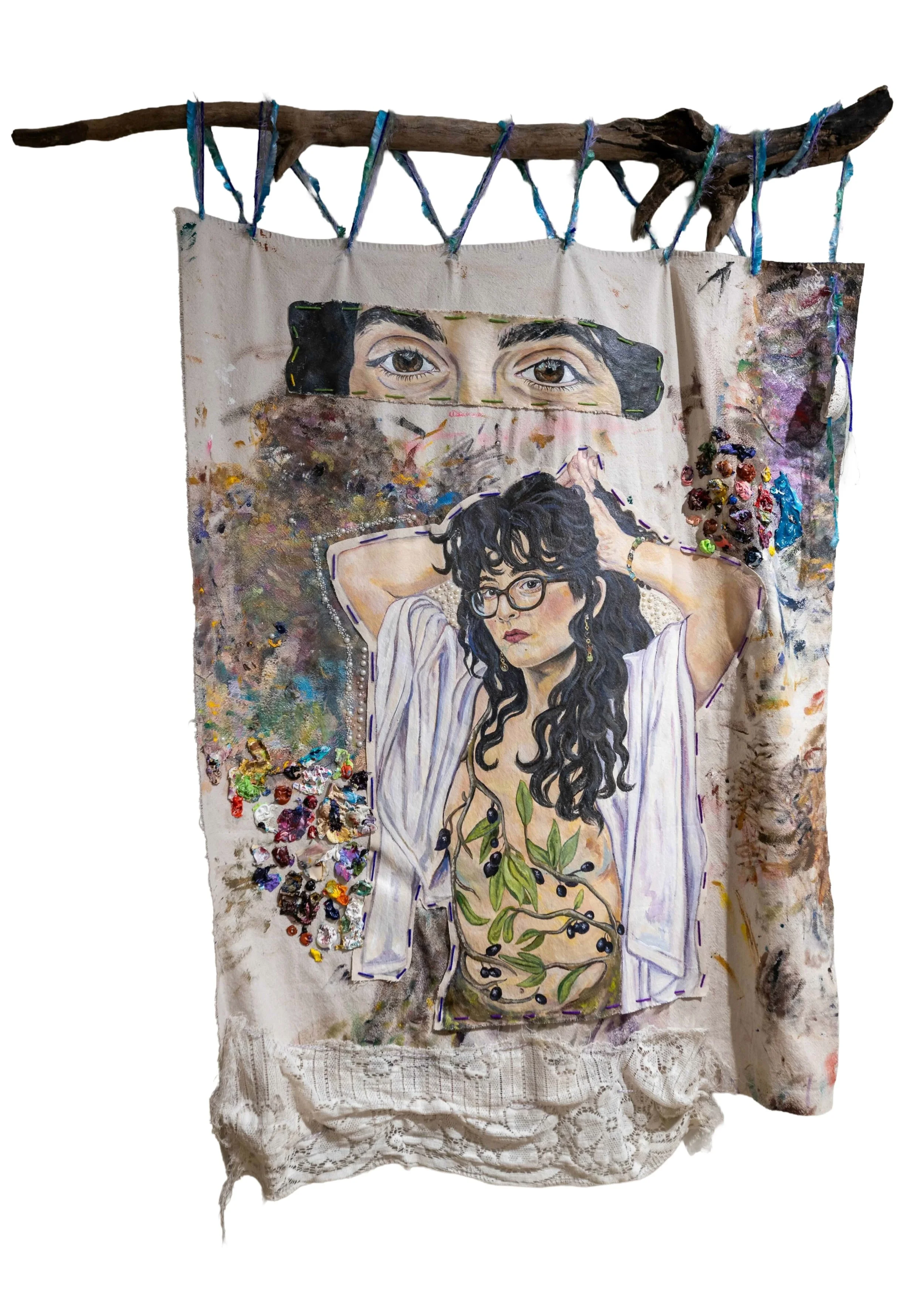 "The Olive Branch That Connects Us All", Acrylic Paint, Gesso, Raw Canvas, Dried Paint Scraps, Pearls, Lace, Sea Shell, Painted Drop cloth, Yarn, Driftwood Tree Root, 48” x 55”, 2024