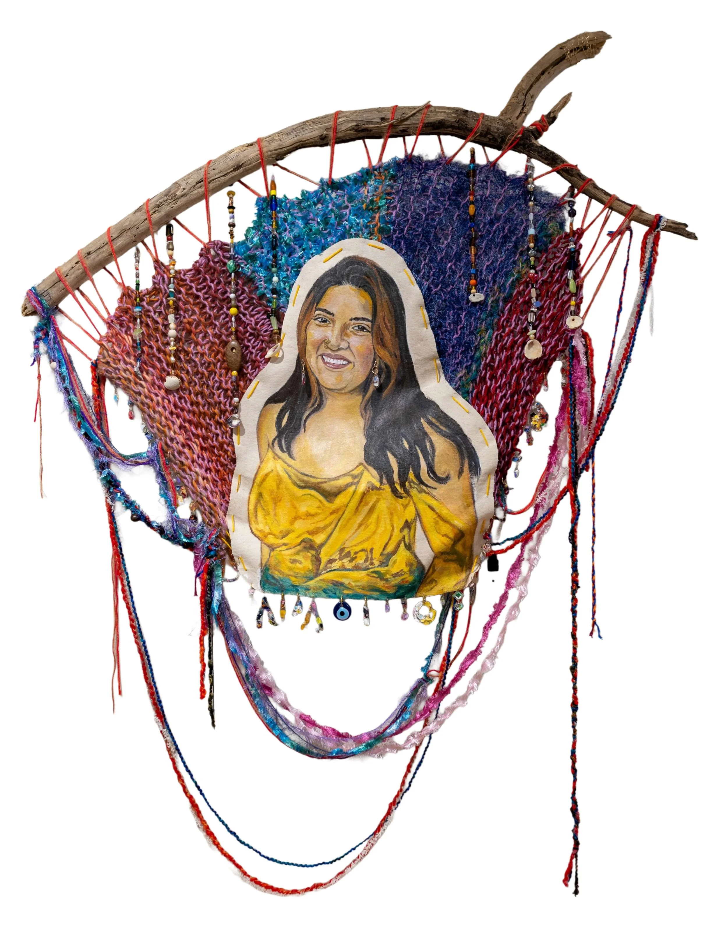 “The Divine Nurturer”, Acrylic Paint, Gesso, Raw Canvas, Dried Paint Scraps, Acrylic Paint Encased in Resin Charms, Jewelry Fastening, Puerto Rican Sea Shells, Knit Fabric, Yarn, Driftwood Tree Root, 44” x 48”, 2024