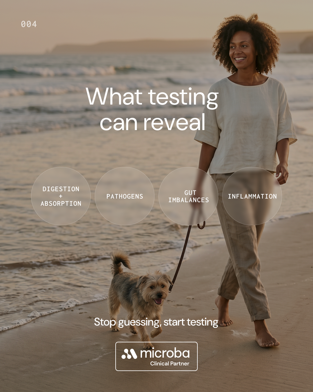 A woman walking a dog on the beach at sunset, with the ocean and cliffs in the background, promoting microbiota testing.