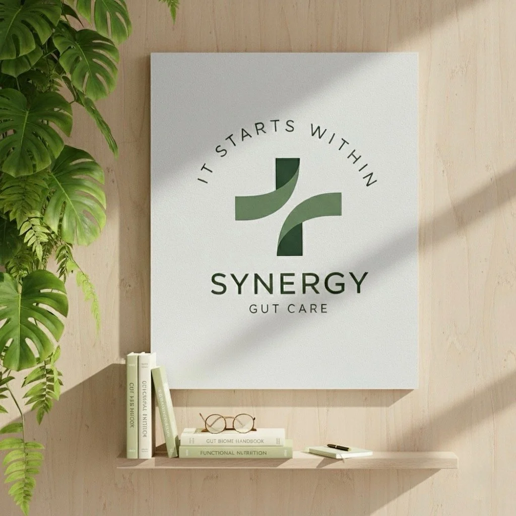A wall sign for 'Synergy Gut Care' with the slogan 'It Starts Within,' featuring a stylized leaf and abstract green shapes. A small shelf below holds books on nutrition and a pair of glasses with a closed notebook.