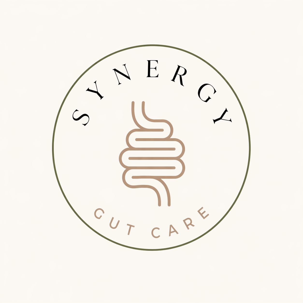Logo for Stynery Cut Care featuring a stylized intestine design with text 'SYNERGY' above and 'GUT CARE' below within a circular outline.