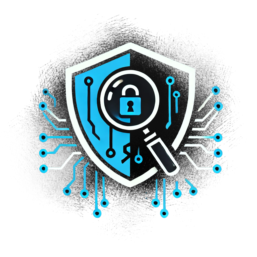 Illustration of a shield with a magnifying glass and lock, surrounded by circuit lines, symbolizing cybersecurity and data protection.