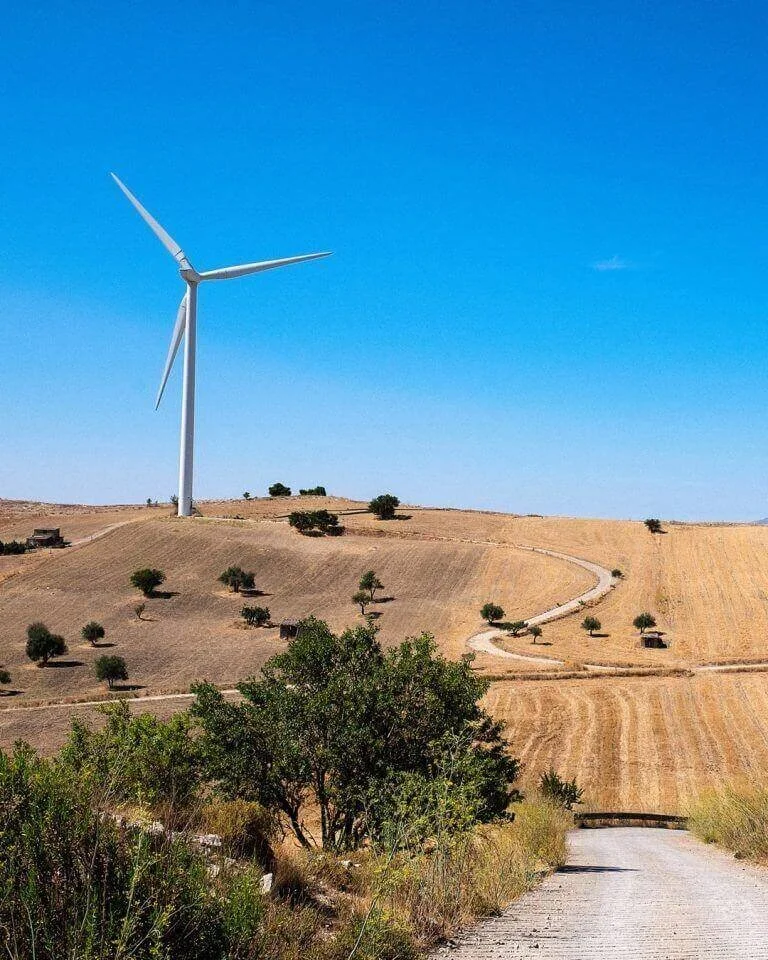 Fields and a wind turbine in Sicily