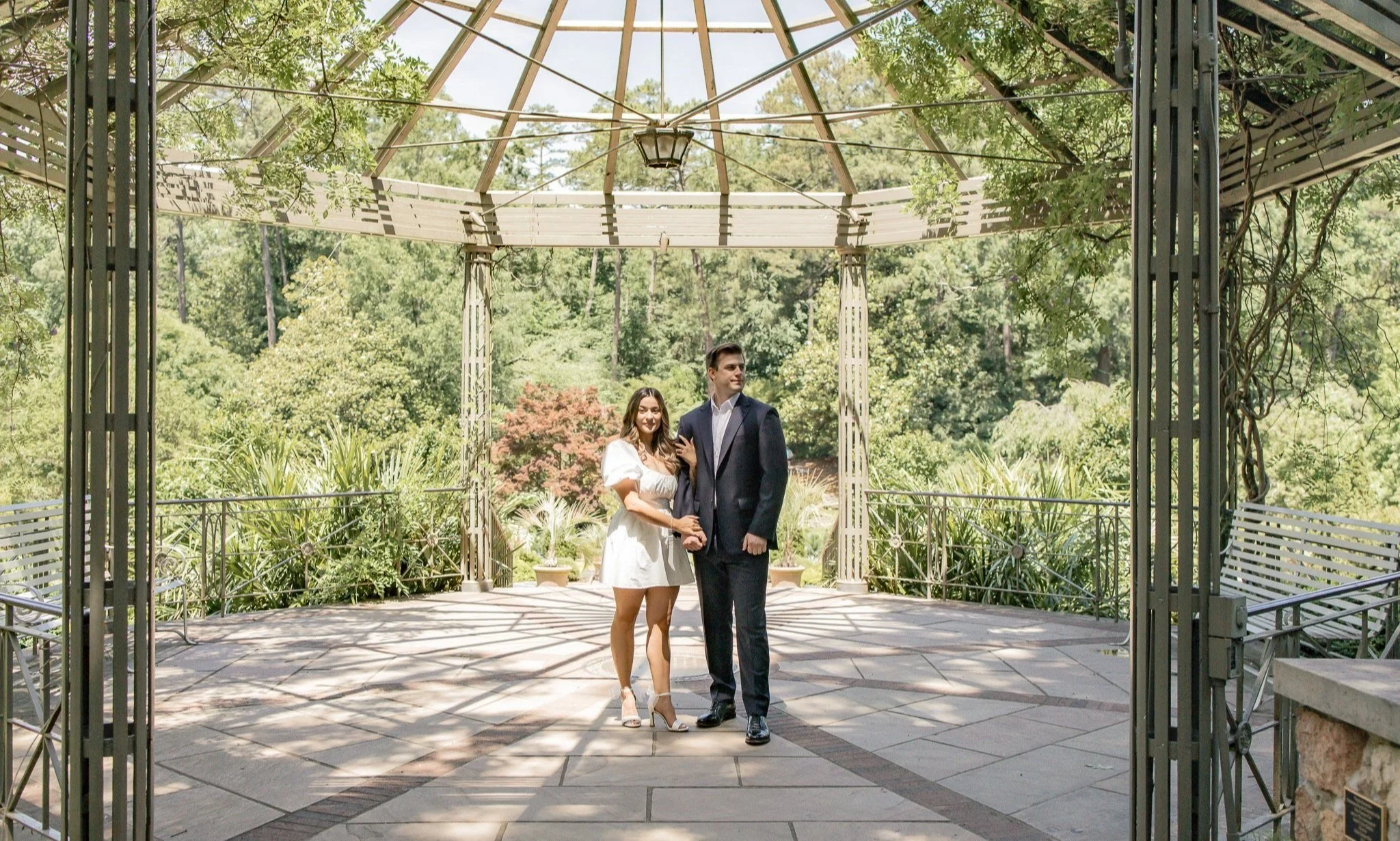 Engaged couple strolling through the serene and picturesque Asiatic Arboretum section of Duke Gardens in Durham, NC.