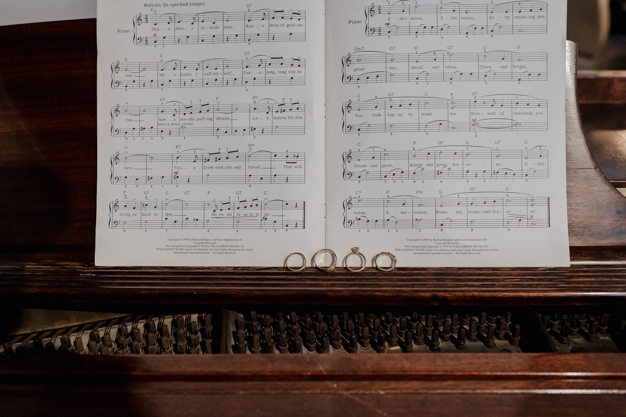 Sheet music on a piano with rings displayed on the stand.