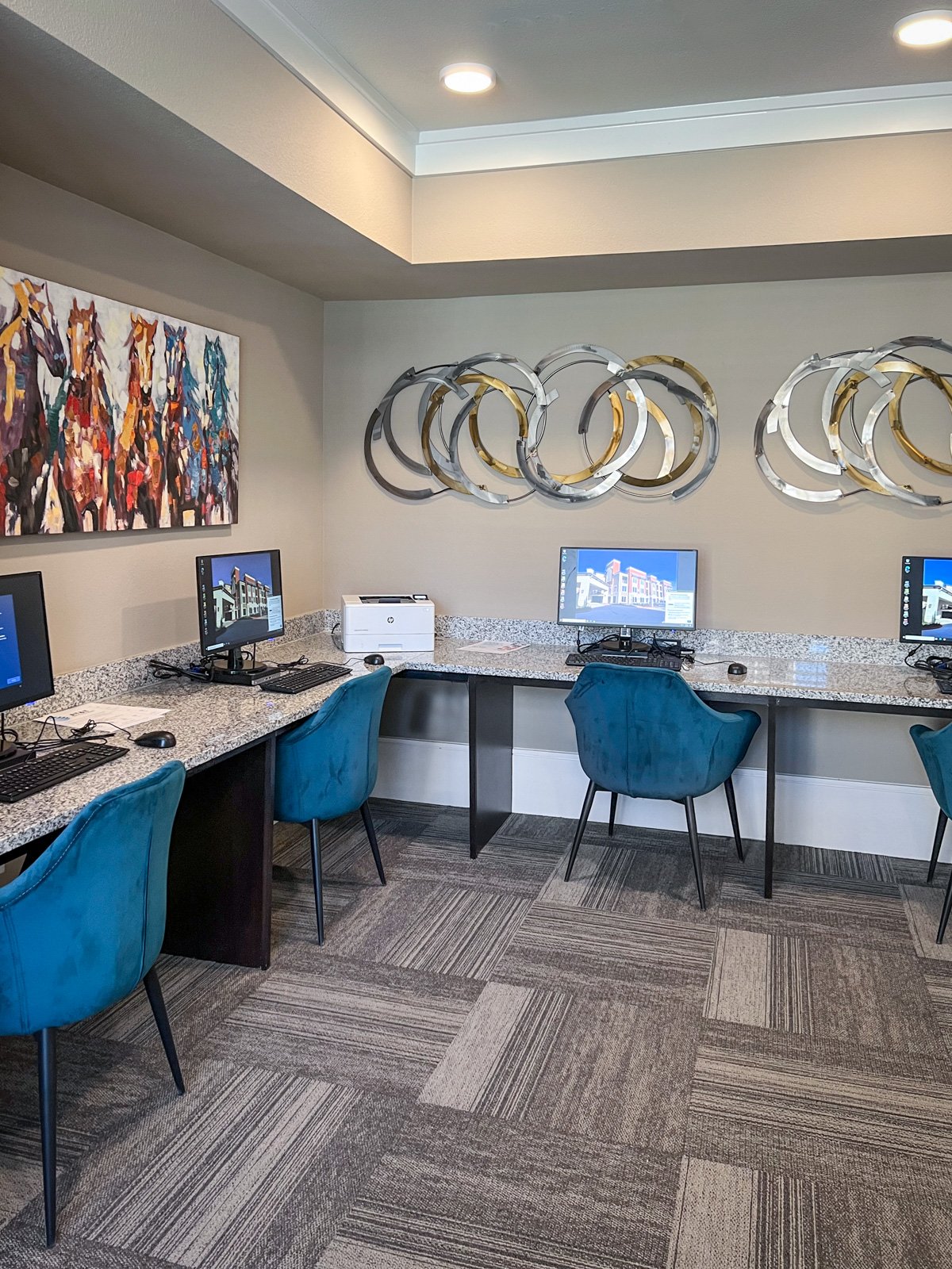 Commercial designers for a computer area in a active senior living community, transitional style in Houston Texas.