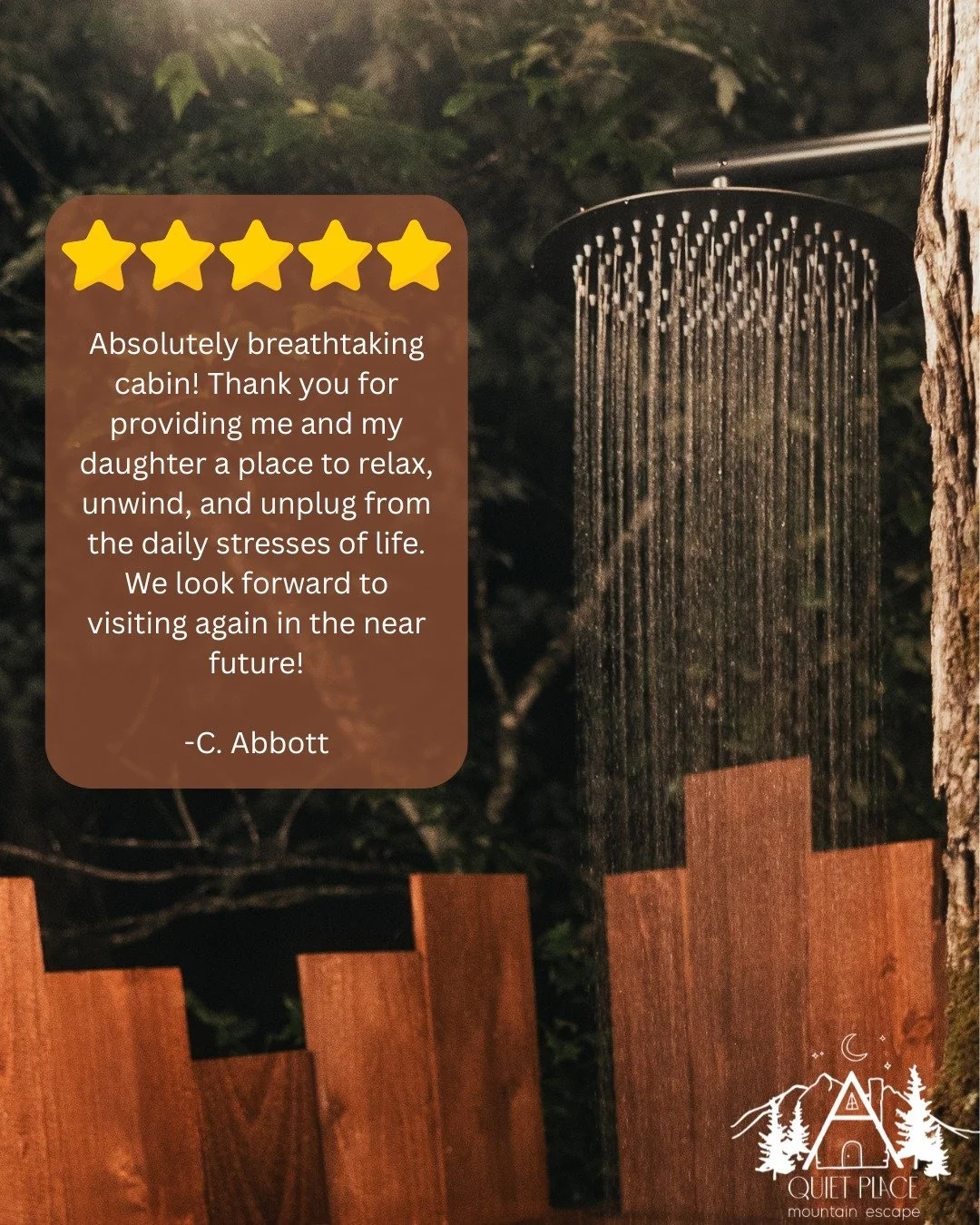 ⭐️⭐️⭐️⭐️⭐️
A place to truly relax, unwind, and unplug 🌿🚿

Guests love the chance to slow down, breathe deeply, and escape the daily stresses of life at A Quiet Place Mountain Escape &mdash; whether it&rsquo;s a peaceful solo moment or quality time 