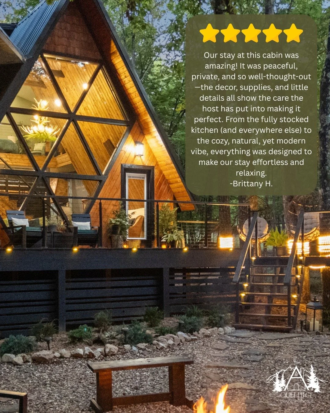 ⭐️⭐️⭐️⭐️⭐️
Peaceful. Private. Thoughtfully designed. 🌲🤍

From the fully stocked kitchen to the cozy, modern touches throughout, A Quiet Place Mountain Escape is designed to make your stay feel effortless and relaxing &mdash; exactly what a true get