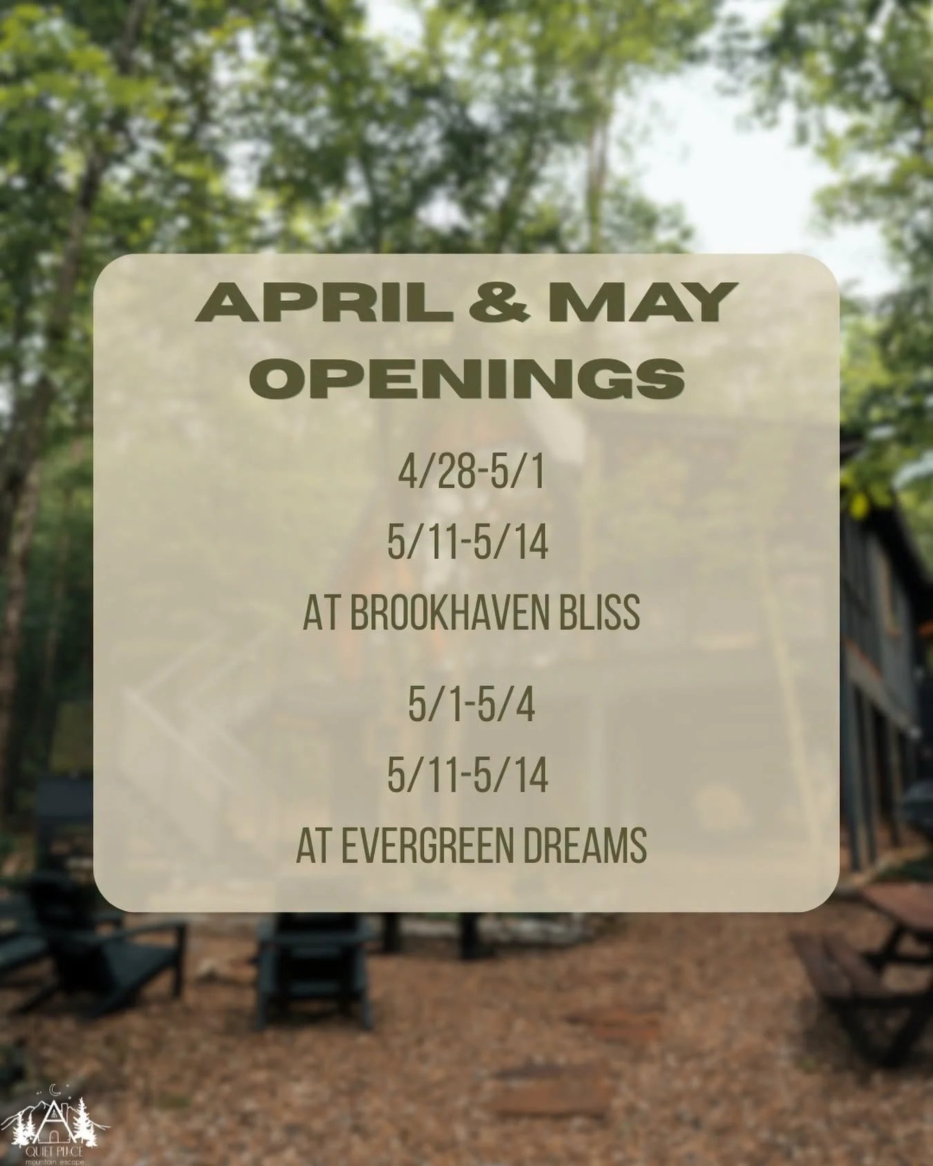 A few spring dates just opened up 🌿
If you&rsquo;ve been waiting for the right time to sneak away, this is it. Mild weather, fresh green trees, and that peaceful quiet before summer picks up.
Grab a last-minute getaway while it&rsquo;s still slow se