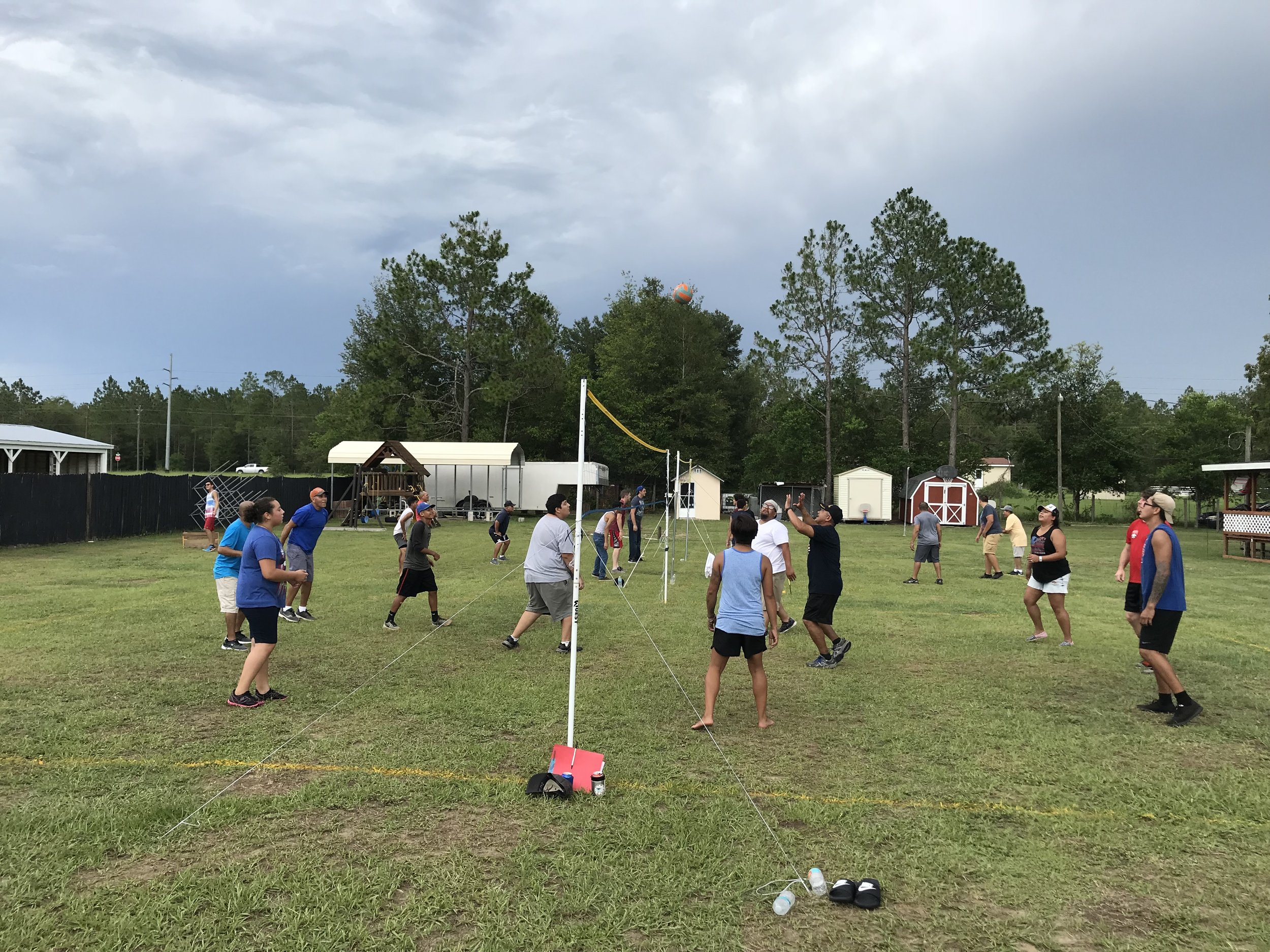 Group of people playing outdoor volleyball on grass with trees and buildings in the background.
