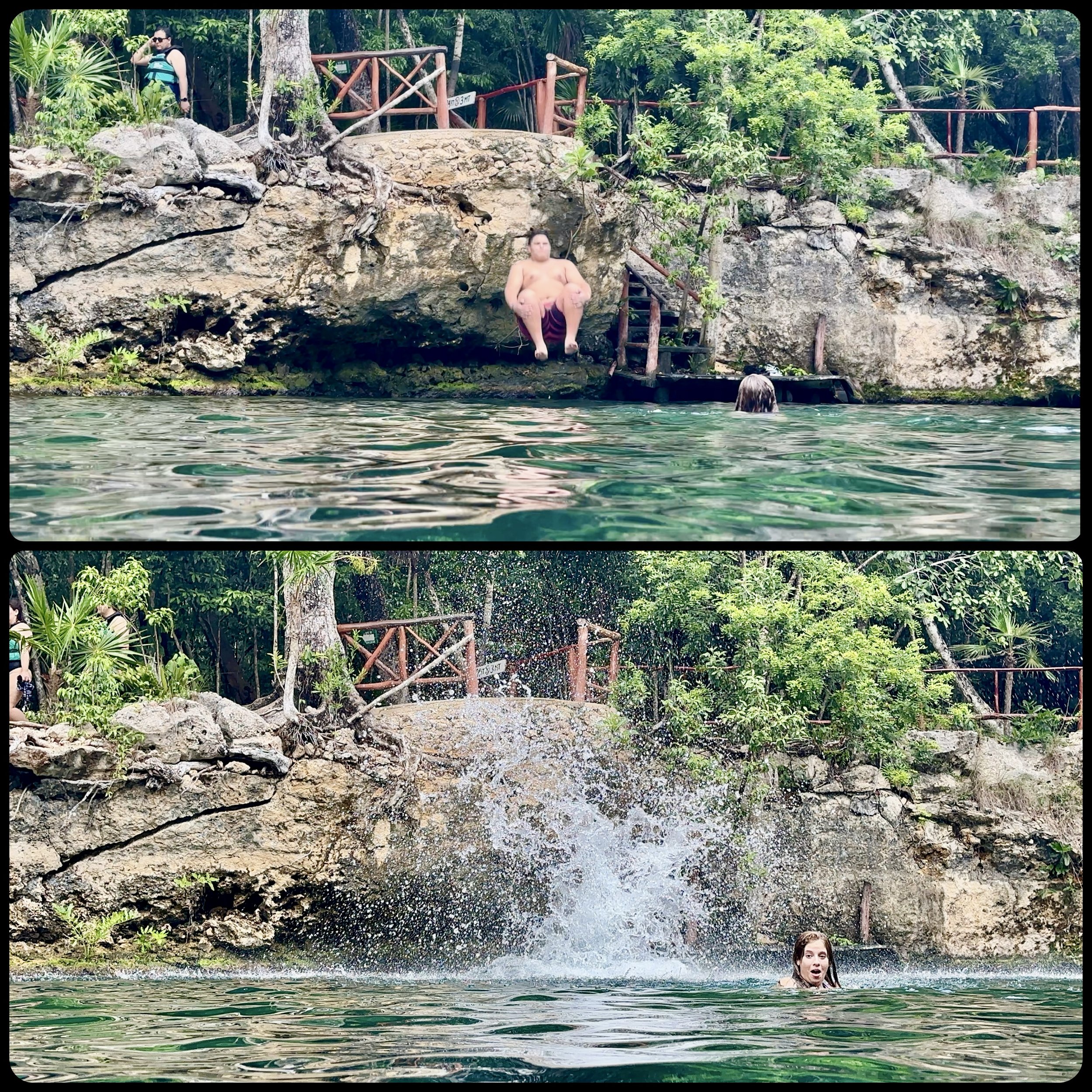 Person jumping into a natural pool surrounded by rock formations and greenery.