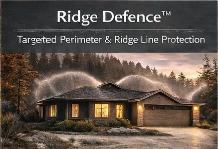 A brochure for Ridge Defence, featuring a house with a water spray in front, greenery, and trees in the background.
