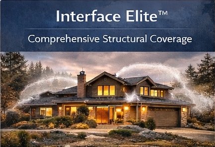 A promotional image for Interface Elite, featuring a large house in a natural setting at dusk with illuminated windows, trees, and a driveway.