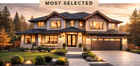 A large, modern two-story house with a front lawn, trees, and warm interior lighting, set against a backdrop of a sunset sky and neighboring trees.