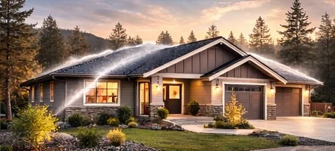 A house with a sprinkler system watering the roof and yard during sunset, surrounded by trees and landscape.