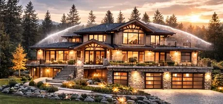 A large, multi-story house with a sloped roof, surrounded by trees, illuminated at sunset. There is a sprinkler system watering the yard.