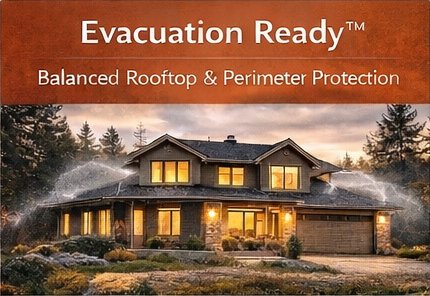 Sign that reads 'Evacuation Ready' with a background of a house on a roofed suburb, emphasizing safety and protection.
