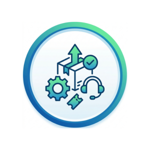 Graphic of a central circle with an upward arrow, gear, headset, checkmark, and magnifying glass symbols, indicating settings, support, or improvement.