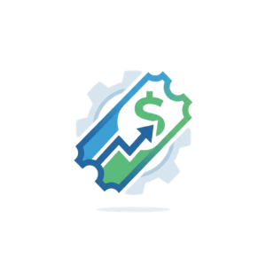 Graphic of a gear with a line chart, arrow, and dollar sign indicating financial growth and economic analysis.