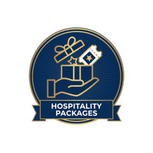 Icon of a hand holding a gift box with a ribbon, accompanied by a gift card and stars, representing hospitality packages, on a dark blue circular background with gold accents.