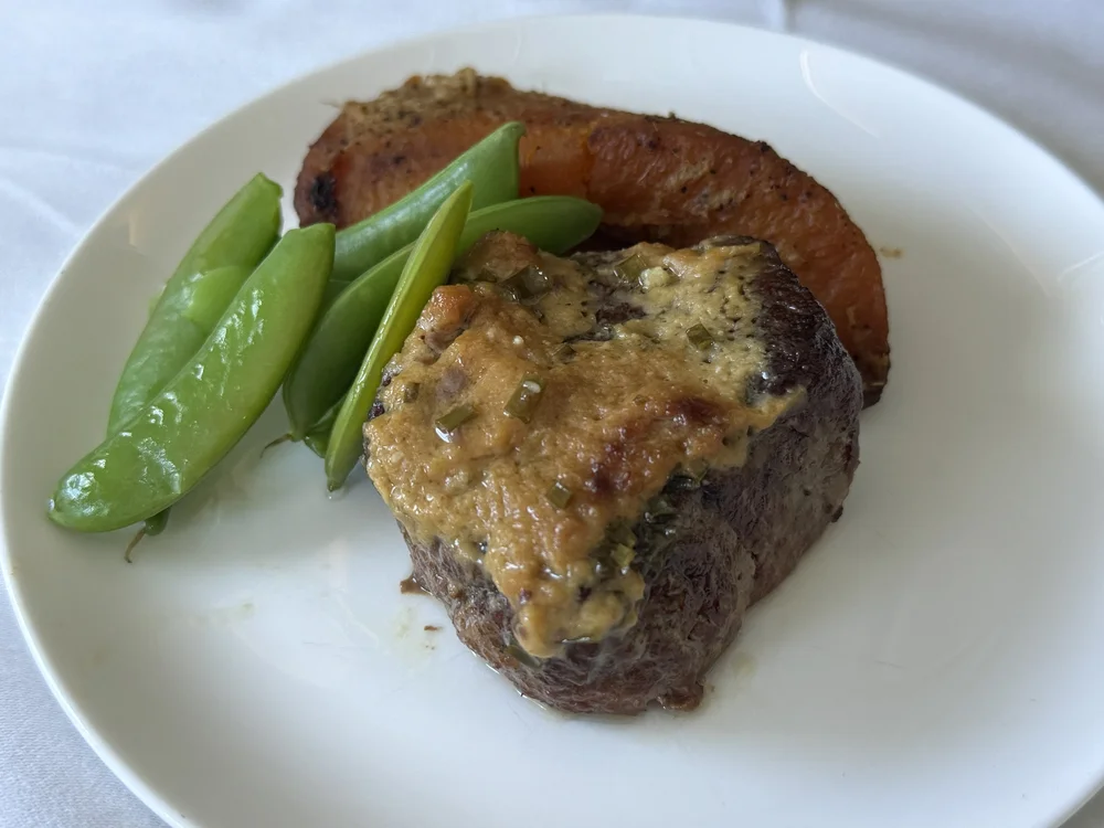  The beef fillet with roast pumpkin and sugar snap peas was very very tasty, and despite being well done which I'd never order, the quality of the meat meant it stayed tender. The wasabi butter thinly spread on top was lovely.  