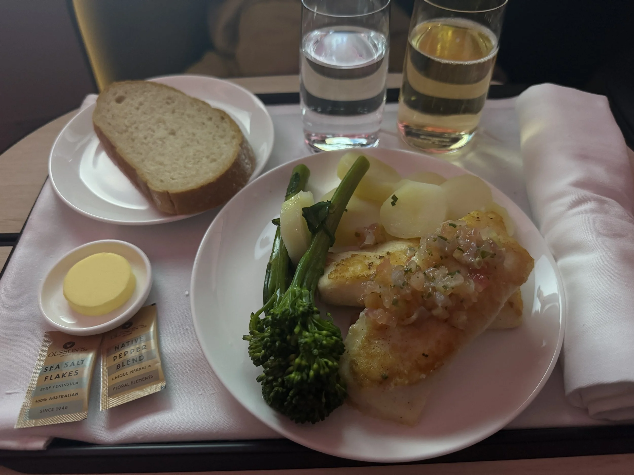  The meals were served approximately 90 mins after departure, which I thought was very reasonable, and allowed for maximum rest on the awkward 8 hour flight time. All dinnerware was removed very quickly upon eating the meal, which I always appreciate