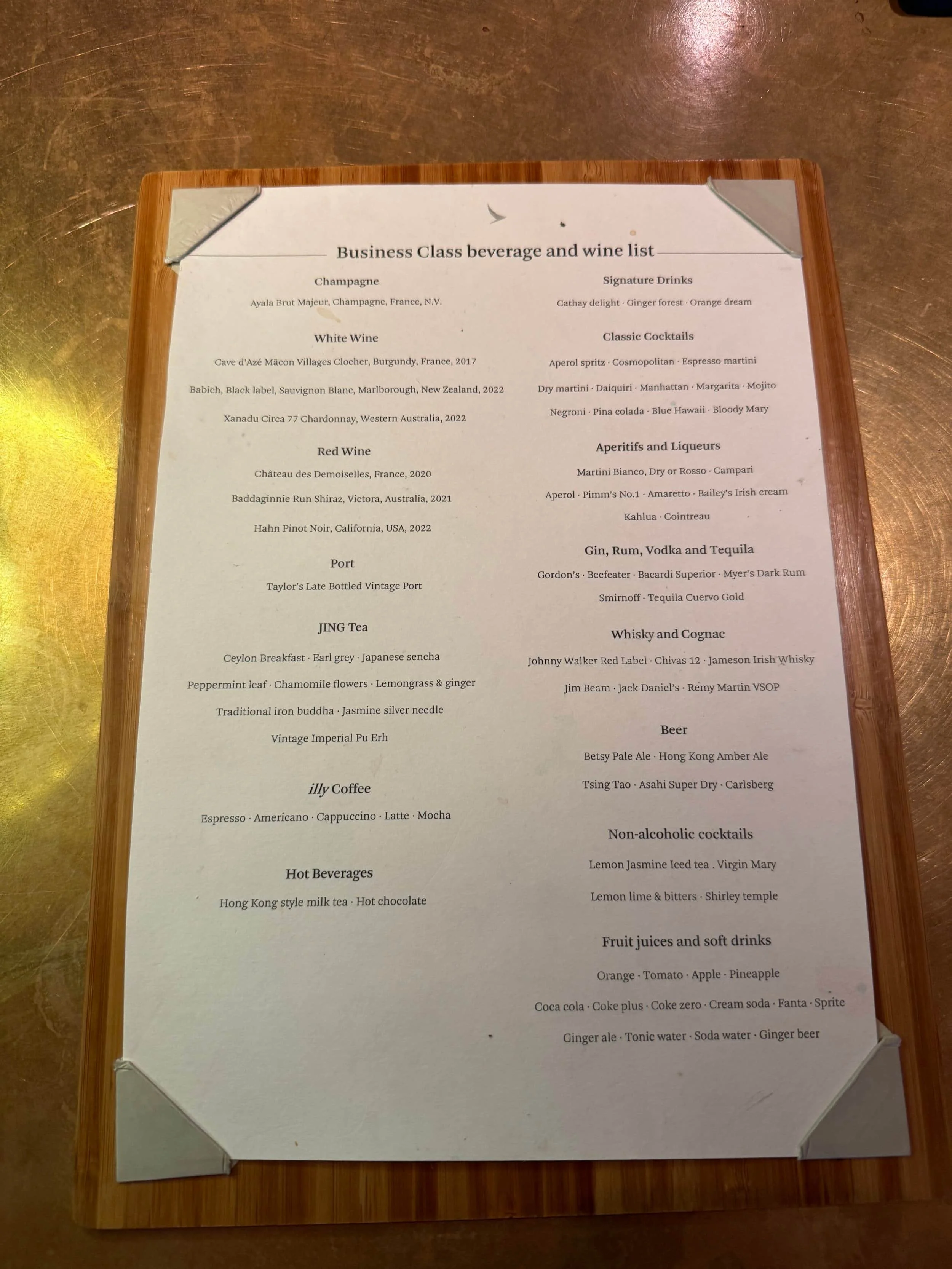 Menu inside Cathay Pacific The Pier Business lounge