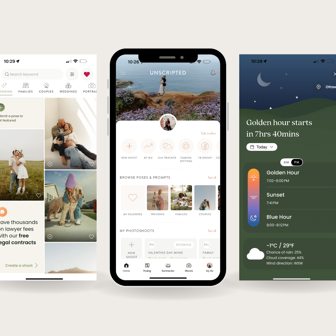 Screenshot of the Unscripted App showcasing posing prompts, golden hour tracker, and client management features, ideal for photographers using the Unscripted App coupon code.