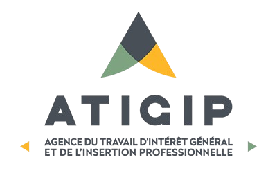 Logo de l'ATIGIP, Agence du Travail d'Intérêt Général et de l'Insertion Professionnelle, avec un design en triangles vert, jaune et gris.