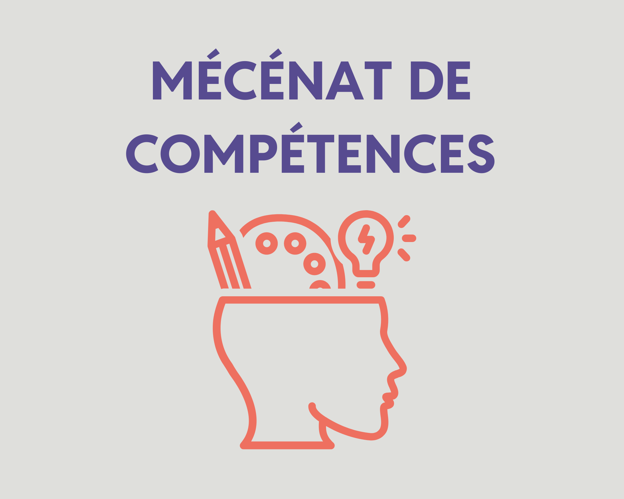 Illustration de "Mécénat de Compétences" avec un visage stylisé, un crayon, une palette et une ampoule symbolisant la créativité et l'innovation.
