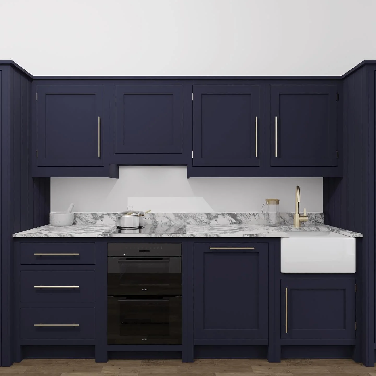 A simple shaker style design for a flat in Oxfordshire. A very nice deep blue with gold accents and a Carrera marble worktop :)

#cgi
#blender
#sketchup
#kitchendesign 
#shakercabinets