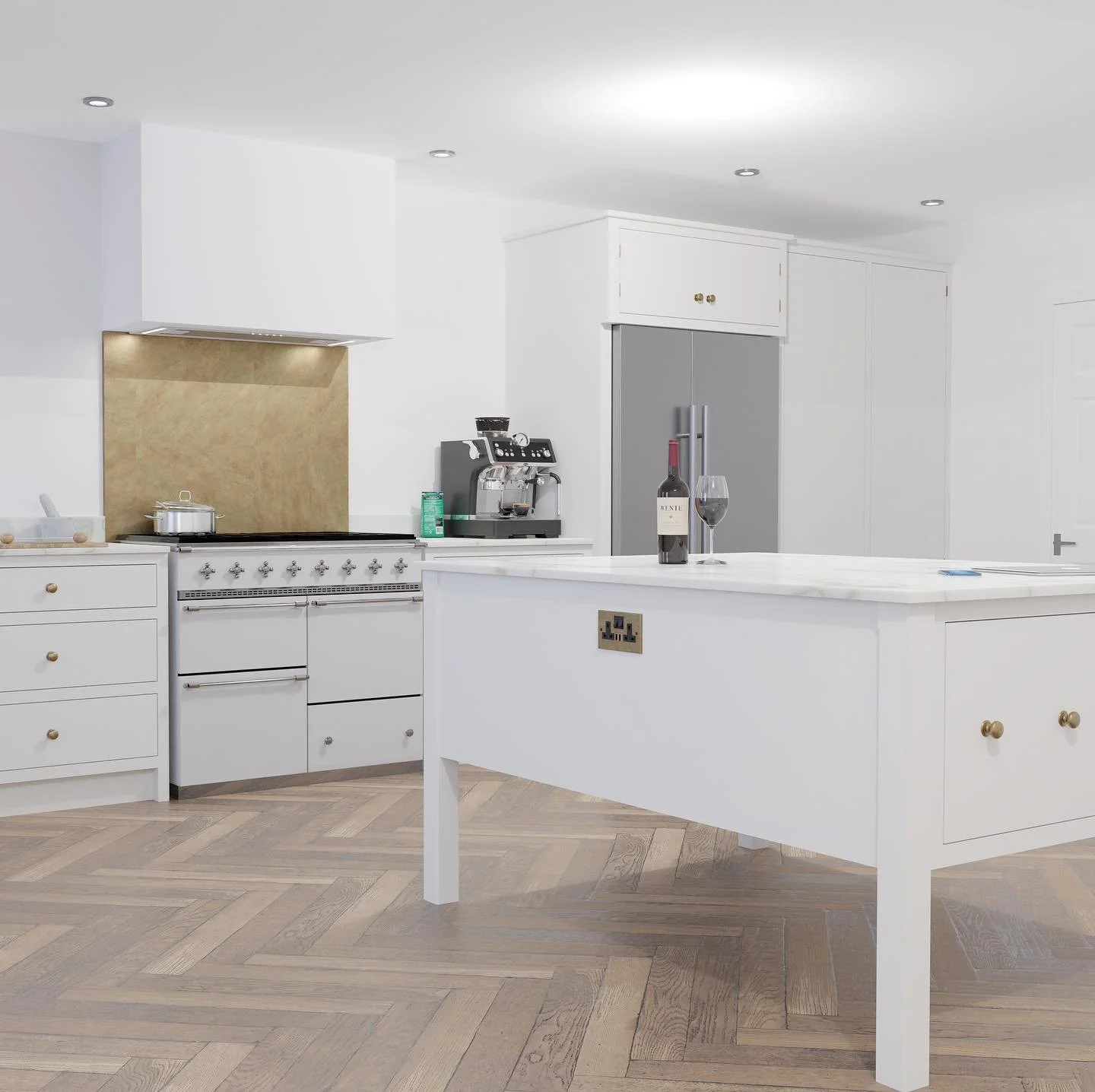 Flat doors, free standing island and a Lacanche! - Packet of coffee is facing the wrong way and I&rsquo;m fuming.

#kitchendesign 
#cgi
#blender
#design
#sketchup 
#bespoke