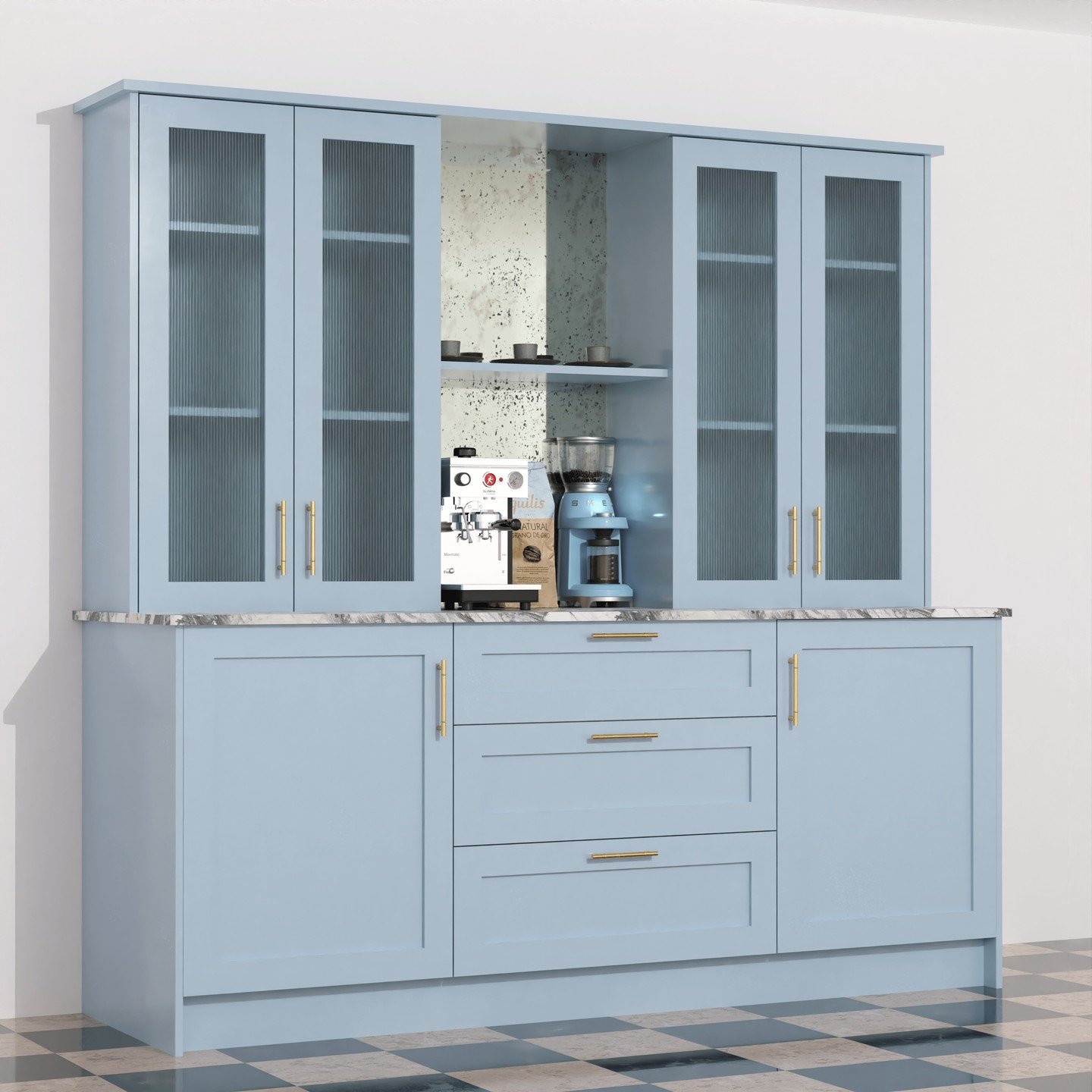 The perfect coffee station! ☕

- White Carrera Marble worktop
- Brass bar handles 
- Lulworth Blue by Farrow &amp; Ball 
- Antique Mirror 
- Frosted reeded glass

#kitchen 
#kitchendesign 
#coffee 
#coffeetime 
#handmade 
#cgi 
#blender3d 
#sketchup 