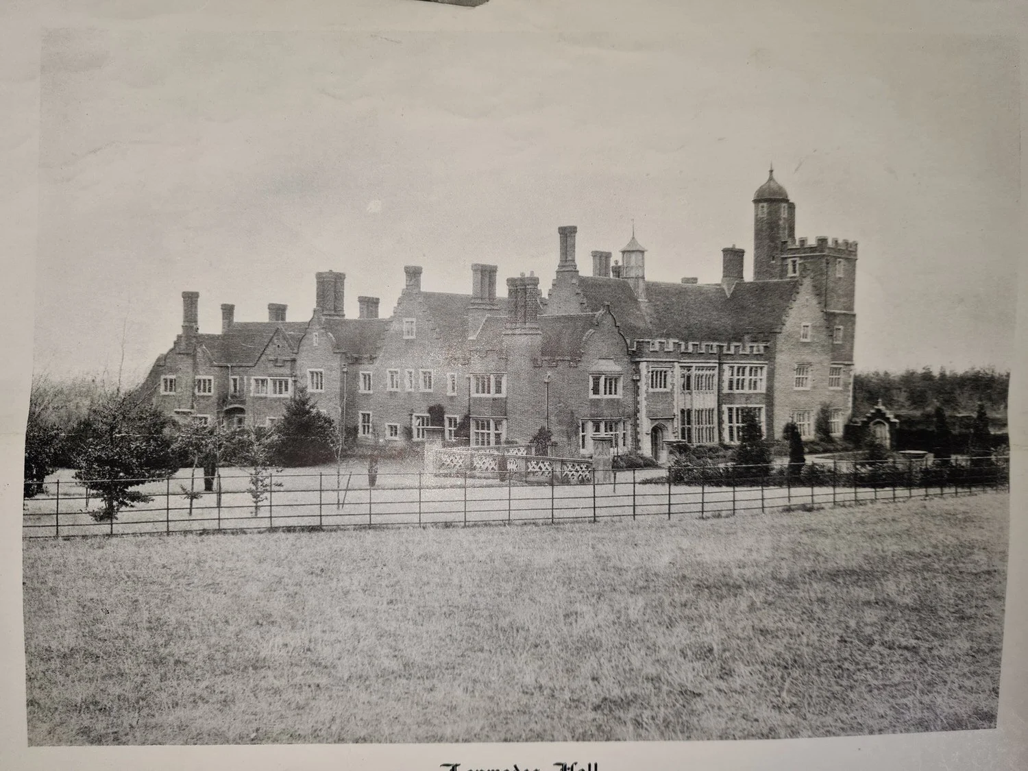 Historic wide-angle photograph of Lanwades Hall estate showing the mansion, grounds, and surrounding landscape.