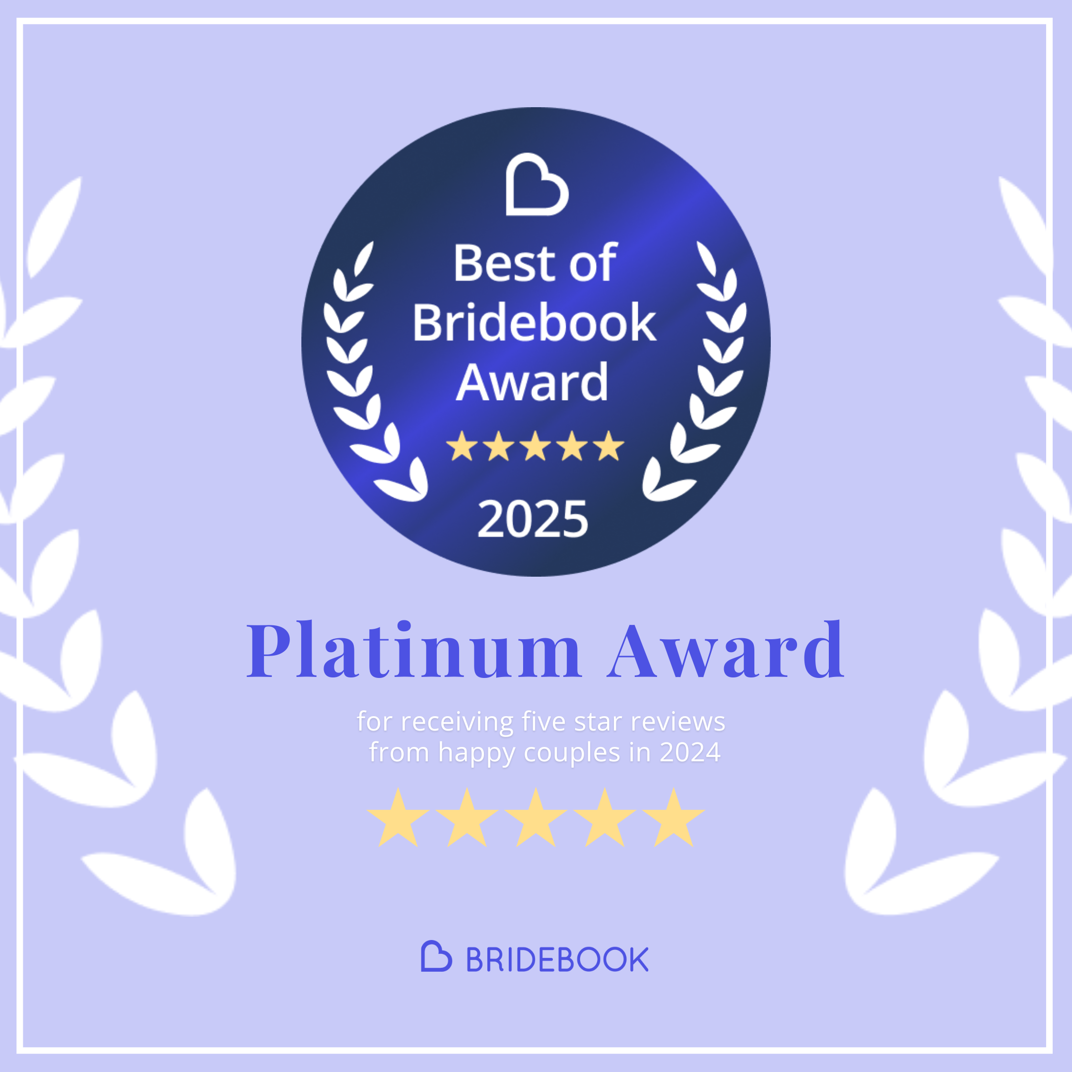 Bridebook Best of 2025 Platinum Award recognising five-star wedding reviews for Lanwades Hall.