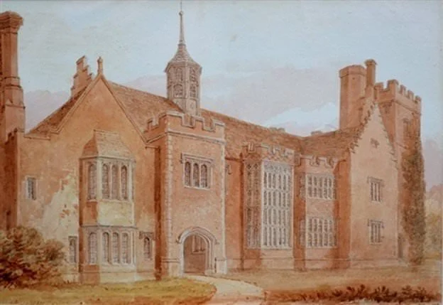 Historic watercolour illustration of Horham Hall showing the building’s original architectural design.