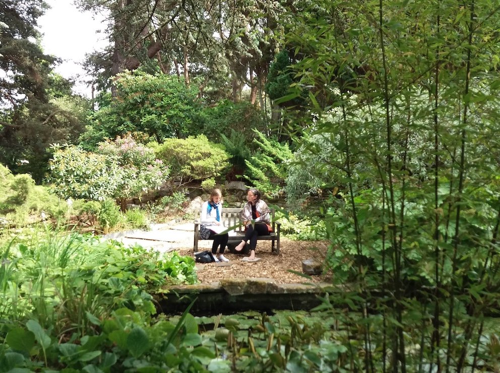 Two people talking in a garden