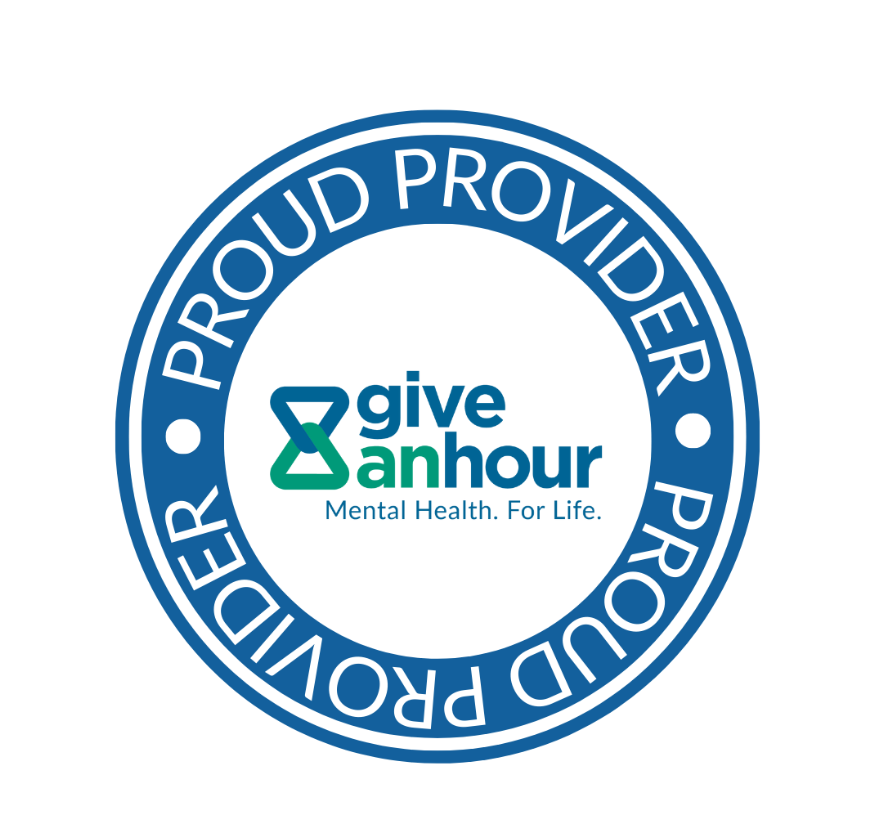 Circular badge with blue border and text reading "PROUD PROVIDER" repeatedly around the edge. Inside, the logo and name "give an hour" with the tagline "Mental Health. For Life."