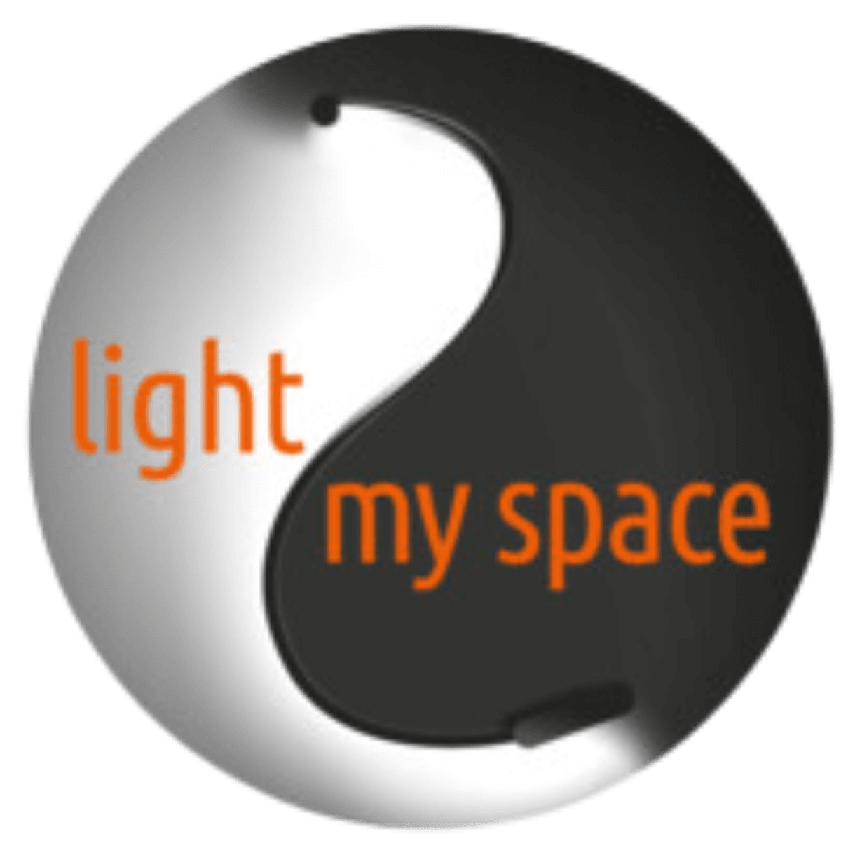 Logo with the words "light my space" and a yin-yang symbol, featuring contrasting black and white colors with orange text. The design is circular.