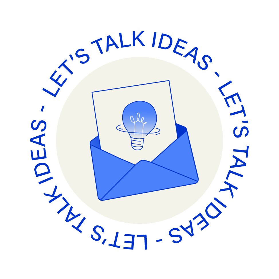 A circular logo with a white background featuring a blue envelope containing a piece of paper with a lightbulb illustration. Around the circle, blue text reads: "LET'S TALK IDEAS".