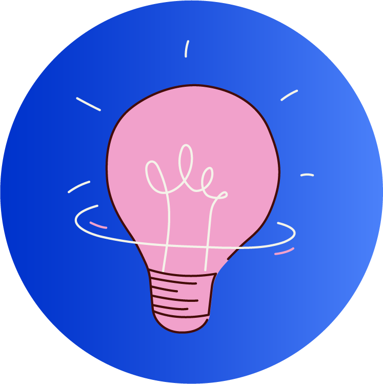A digital illustration of a pink light bulb with a wire filament inside, surrounded by a blue circular background with small white lines indicating illumination or energy.