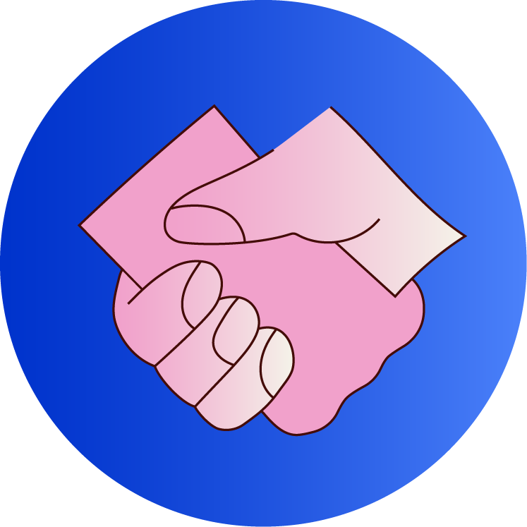 Illustration of two hands shaking with pink pieces of paper or cards in the background, against a blue circular background.