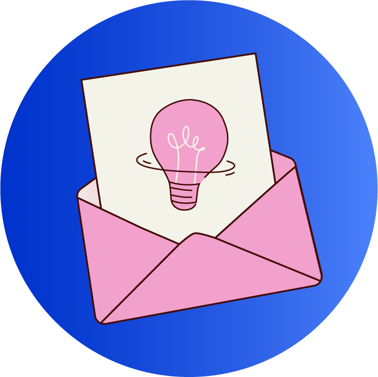Pink envelope with a card showing a pink light bulb, set against a blue circular background.