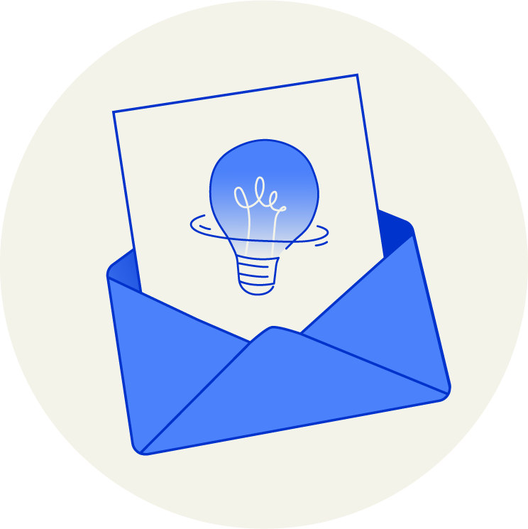 Blue envelope with a drawing of a light bulb inside.