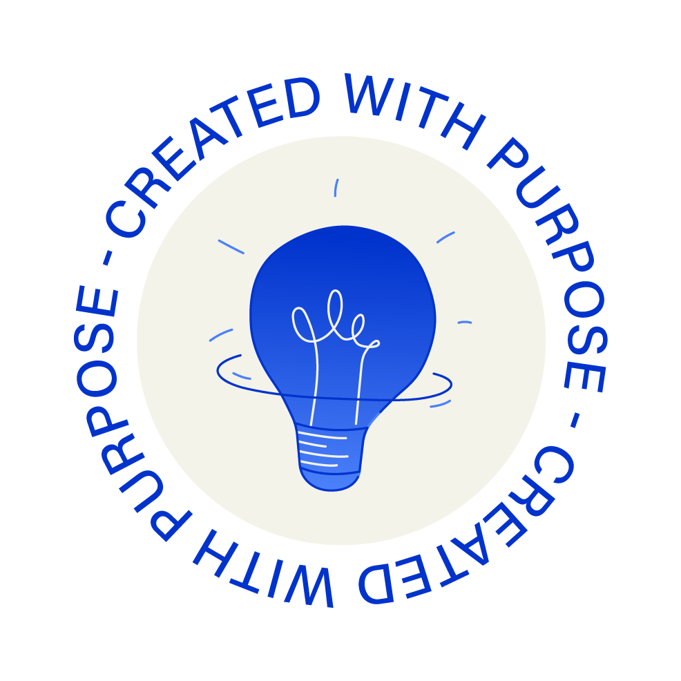 A blue lightbulb icon with the filament visible, surrounded by a circular text that reads 'Created with Purple - CREATING WITH PURPOSE' on a white background.